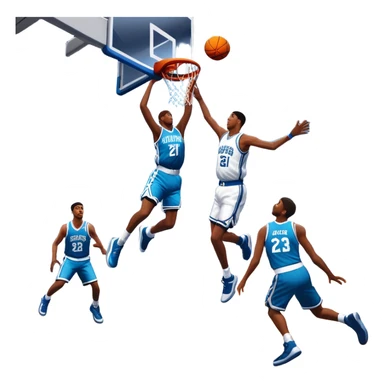 An icon featuring a basketball court with players in action, inspired by NBA 2K25. A player jumps for a dunk, with the ball mid-air. Bright lights illuminate the court, symbolizing the excitement of sports simulation games. Transparent background emphasizes the energy. sticker