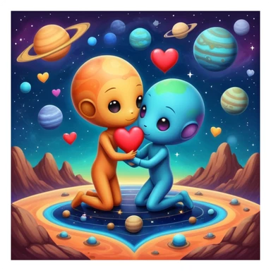 Cute cosmic scene with heart planets and small alien couples kissing and hugging on the planets, colorful solar system sticker