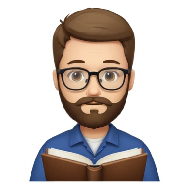 bearded man with glasses studying sticker