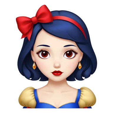 Cinematic Stunning Snow White Portrait Emoji, Fair skin glowing like porcelain, ruby-red lips, deep brown eyes full of kindness, raven hair framed by her iconic red bow, wearing her royal blue and gold gown, exuding timeless beauty and grace! sticker