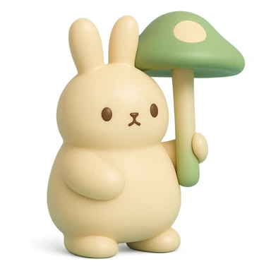 chubby bunny holding a mushroom umbrella, pastel beige and moss green, vinyl figure style sticker
