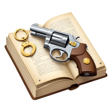 Icon for Action & Crime Reading: an open book with action-packed scenes, featuring a gun, handcuffs, a detective's badge. The icon should capture the tension and excitement of crime and action stories. Transparent background. sticker