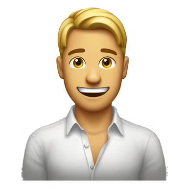 L'emoji montre un beau jeune homme portant une chemise avec une banane souriante dessus et fermant les yeux avec des joues rouges, suggérant un léger sentiment de défi ou d'espièglerie. sticker