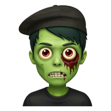 Green zombie, black hair, designer cap turned to the left, black shirt. Apple iOS style. sticker