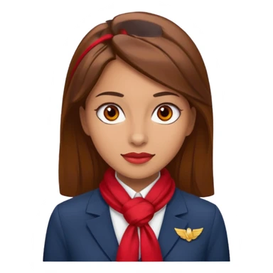 Female flight attendant, with red scarf, white shirt, brown hair, brown eyes, iOS emoji-type face sticker