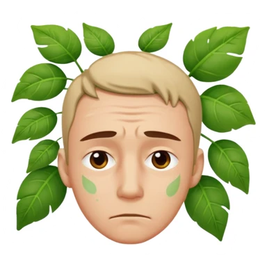 tired sad man with sweat on forehead, plant behind sticker