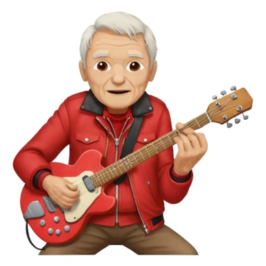 guitar rock player, elderly head, red jacket sticker