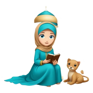 Turkish beautiful finish Konya girl blue eyes with gold hijab and islamic long tailed turquoise dress on the ground at garden and had on her hand text Eid Mubarak  sticker