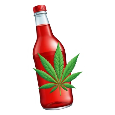 Red curved soda bottle with a cannabis leaf sticker