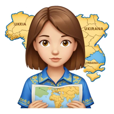 A Ukrainian girl with brown hair wearing an embroidered shirt holds a map of Ukraine sticker