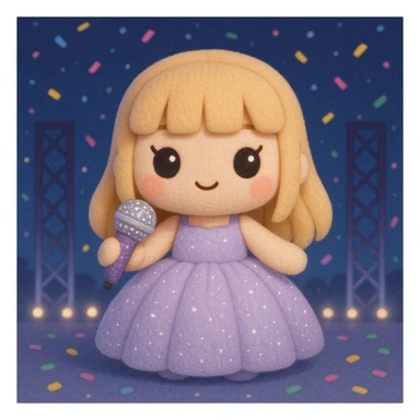 Pretty and girly Blonde pop star with bangs wearing a sparkly tulle light purple ballgown, holding a bedazzled microphone, reimagined as a soft kawaii plushie doll, with a nighttime concert backdrop with colorful confetti sticker