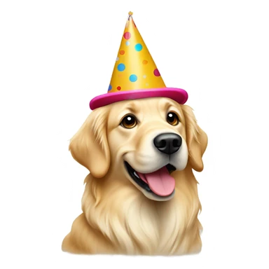 An English cream golden retriever wearing a birthday hat sticker