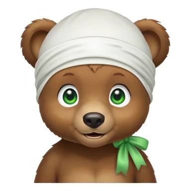 Playful brown bear cub in a white silk durag with a slight smile and bright green eyes, iOS emoji style sticker