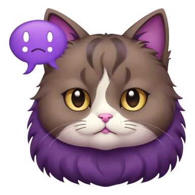 a dark-brown fluffy cute kawaii anime cat thinking frowning thoughtfully, saying “hmm” with a purple speech bubble sticker