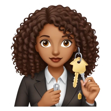Dark brown lady with medium brown mid length curly hair in real estate job with house and keys sticker