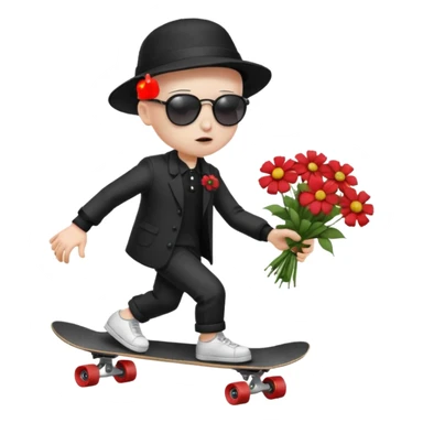 ["Ai sad boy wnith pale sgkin, bald , wearing aa sunhat a nd sunglascses, dresased in gomh fashien, is skrateboardiang while h.olding a f"lower bou]quet."] sticker