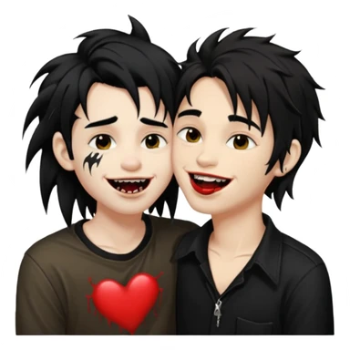 Laughing pale Goth boy with a bunch of face piercings, with shaggy dark brown hair, and messy black eyeliner , smudged, red, lipstick , kissing tan boy with long black hair  sticker