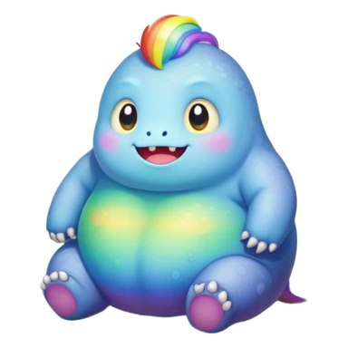 Kawaii derpy fat rainbow monster sitting in a magic field, rich textures, visually detailed, so lifelike that it feels like it could leap off the page at any moment sticker