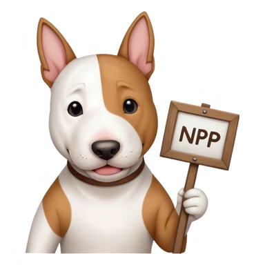 bull terrier dog holding a sign that says "NP" sticker