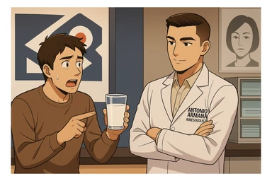 fai un webtoon manga a colori con questo stile, in cui un uomo chiede al kinesiologo con il camice bianco (fagli anche la scritta "ANTONIO ANANIA" SUL CAMICE, una domanda e il kinesiologo gli risponde, L'UOMO INDICA IL BICCHIERE DI LATTE CHE HA IN MANO ED è MOLTO ALLARMATO NEL FARE LA DOMANDA. non fare i fumetti però, fai solo in modo che sembri stiano parlando sticker