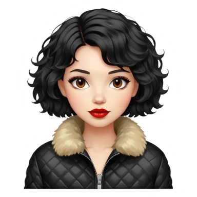 Alluring 1970's French girl french shiny black wavy textured bob haircut tousled hair red lips wearing furry jacket sticker