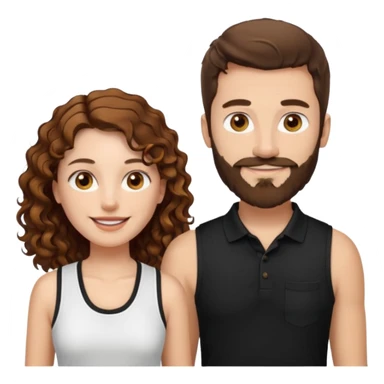 Criar Casal - Homem branco de cabelo liso e olhos marrom, com barba, usando camisa polo preta e mulher de pele branca cabelo cacheado marrom longo e olhos mel, usando uma regata branca, quero ela sorrindo sticker