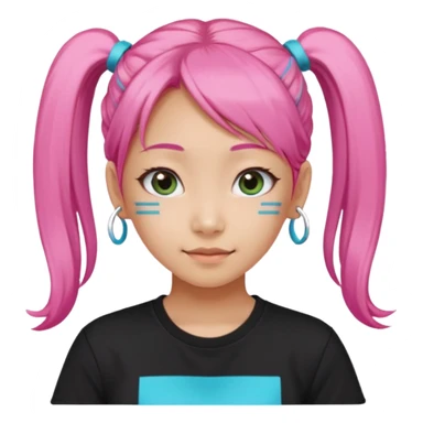 a girl wearing a black t shirt with cyan letters'mira', brave and smart face, narrow eyes, korean girl, small grin,half up half down look with two diagonal pigtails, long pink hair sticker