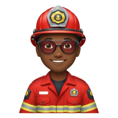 Young, male, dark skin, wearing sunglasses, firefighter uniform, happy sticker