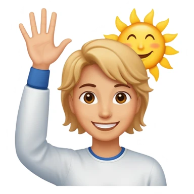 a person waving and saying good morning, sun rising in background, cheerful and friendly sticker