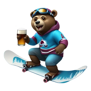 snowboard bear with helmet and goggles in colorado avalanche jersey doing insane tricks while holding a beer sticker