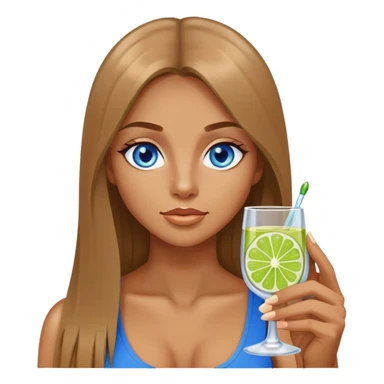 tan woman, long light brown straight hair, blue eyes, holding a shot with lime sticker