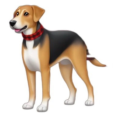 adult 75% Coonhound 25% German Shepherd mix dog with visible tail wearing small pointed red buffalo plaid bandana full body walking left quickly sticker