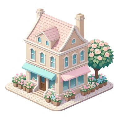 isometric exterior little beige and white bookshop with abundant pastel florals everywhere sticker