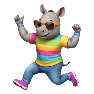 friendly anthropomorphised rhino in jeans and colourful t-shirt, wearing dark sunglasses, jogging upright, jumping with excitement, standard pose sticker