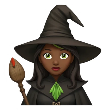 elphaba the wicked witch from wicked movie (cynthia erivo) dark long hair, thick lips, witch hat, broom sticker