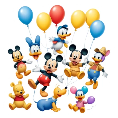 Icon for Animated Movies: A colorful, playful collage of classic cartoon characters like Goofy, Mickey Mouse, Donald Duck, Winnie-the-Pooh, and others. Bright, vibrant colors with cheerful expressions and fun elements like balloons and stars. Whimsical and nostalgic style. Transparent background. sticker