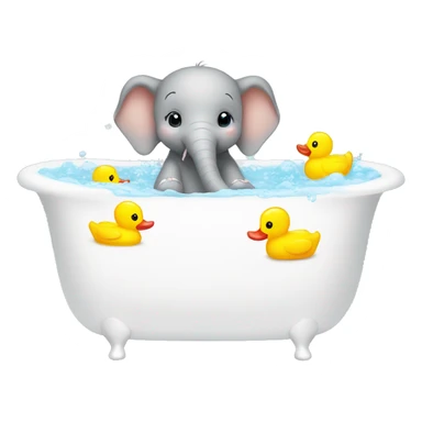 baby elephant having a bath in a white bathtub with little yellow rubber ducks sticker