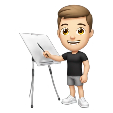 Pale skinned Fit Man With the biceps and brown hair in black shirt, gray sports shorts and white Sneakers Writing text on the flipchart sticker