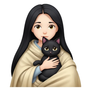 A girl with fair skin and long black hair wrapped in a blanket hugging a black cat sticker