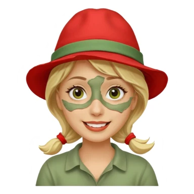 messy green clay mask and red tourist hat blond braided woman big eyes smiling and clay mask on face sticker