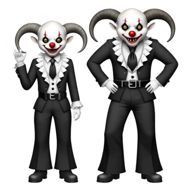 full-body demonic clown in black and white leisure suit with bellbottom pants, bald, black ram horns, flashy black and white belt, ruffled white shirt, no neck tie, large fangs sticker