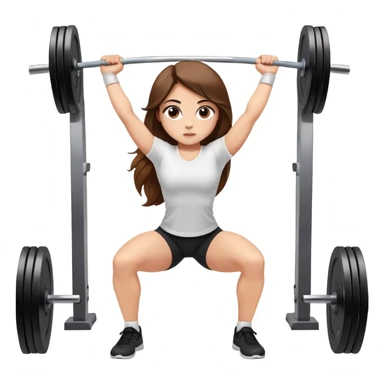 A girl with light skin, big eyes, long brown hair and wearing a white shirt is doing an overhead squat with a lot of weight on the barbell sticker