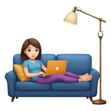 A girl is working with a laptop while lying on a sofa, with a floor lamp to the right. sticker