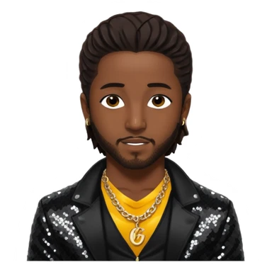 Omarion with long dark brown hair, black sequin jacket, shirtless with necklace sticker