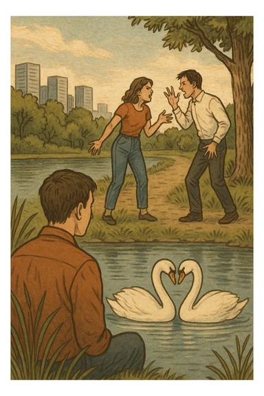 Vertical format: A man observing a pair of animals, for example two swans, showing pure love. In the background, a modern human couple is arguing, creating a contrast between natural love and societal problems. sticker