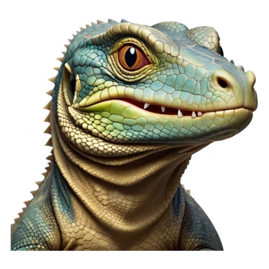 Cinematic Comical Komodo Dragon Lizard Portrait Emoji, Head tilted dramatically with an exaggeratedly shocked expression, featuring a robust, scaled body with wide, comically expressive eyes full of humorous disbelief, Simplified yet hilariously expressive features, highly detailed, glowing with a slightly sassy glow, high shine, dramatic yet playful, stylized with an air of quirky exotic attitude, soft glowing outline, capturing the essence of a meme-worthy Komodo dragon that looks ready to side-eye its way into viral fame! sticker