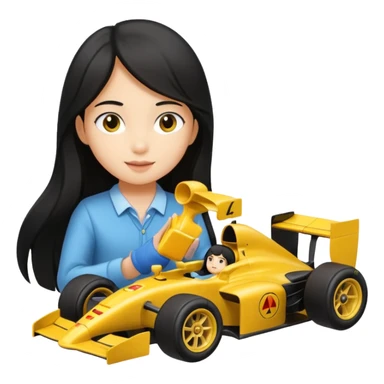black long black haired girl kid playing yellow colored formula 1 car toy sticker