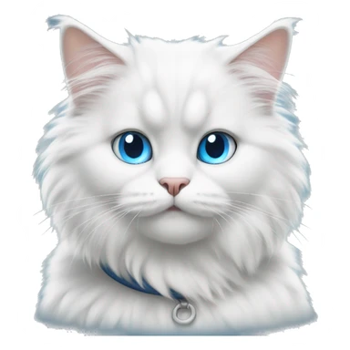 White fluffy cat sitting face forward with blue eyes and very fluffy tail and grey collar sticker