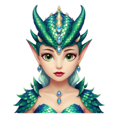 A gorgeous dragon woman with glittering jeweled scales covering her body and face. She has large almond shaped eyes, lush lips, and she wears a stunning luminescent gown. sticker
