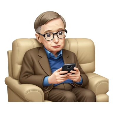 Stephen Hawking with glasses sitting on a couch playing a mobile phone game sticker